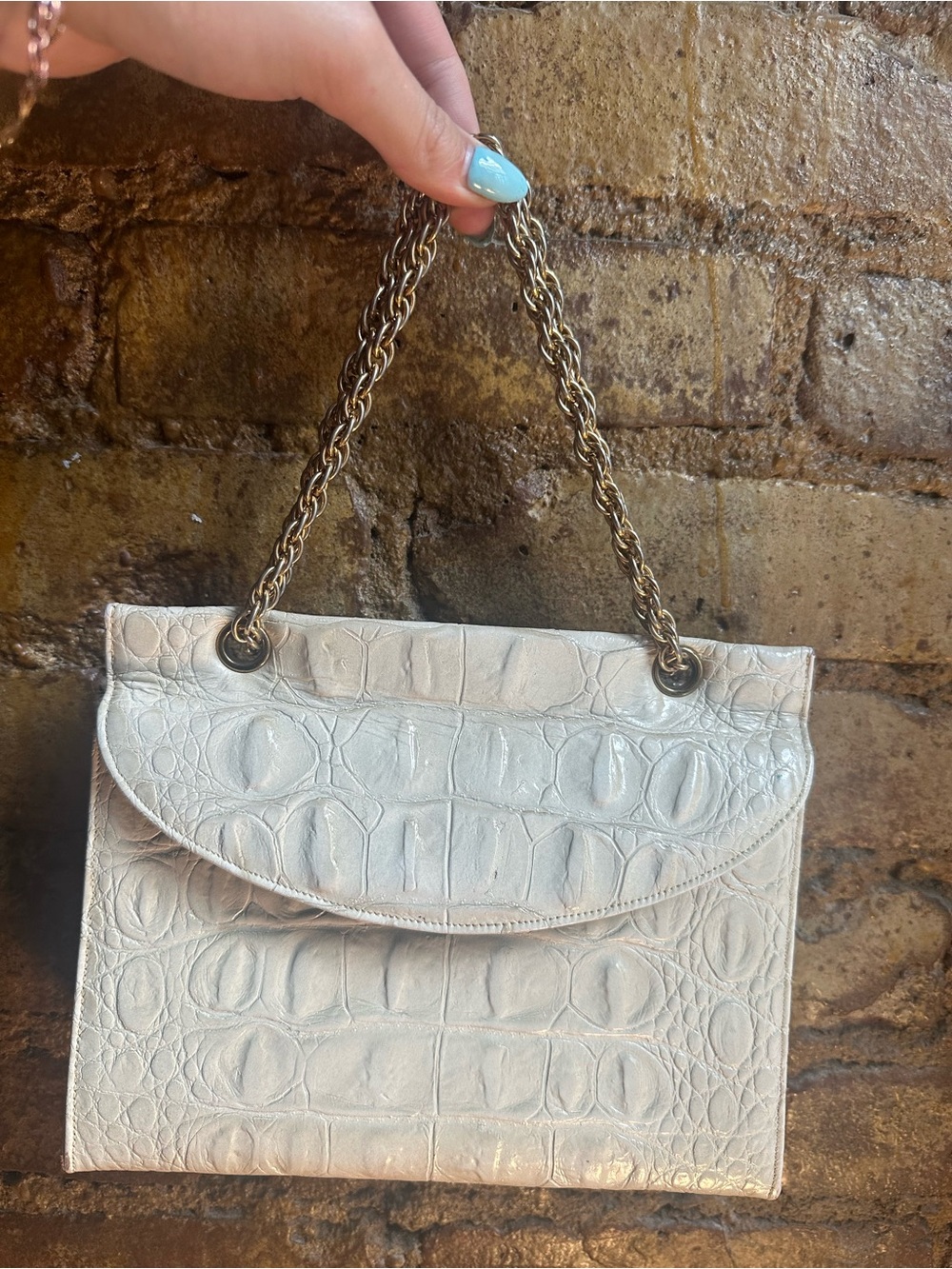 Croc-Embossed Mini Bag in Ivory with Gold Chain